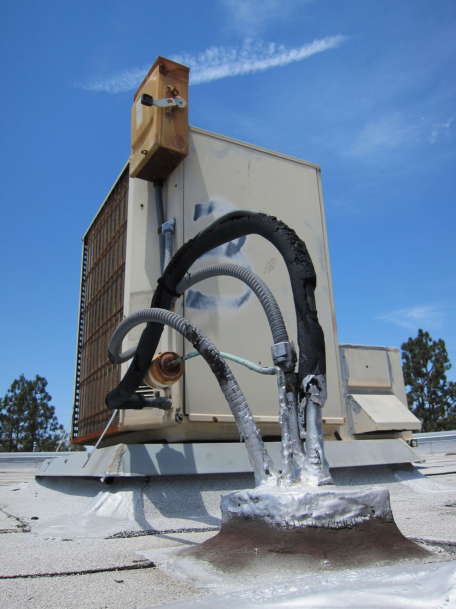 An aging outdoor air conditioning unit, an example of a unit worth replacing